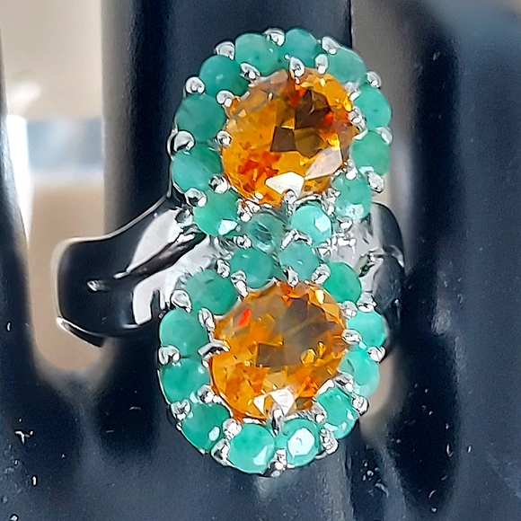 Natural Oval Citrine 8x6mm & Emerald Gemstone 925 Sterling Silver Ring 7.5 - Picture 3 of 7